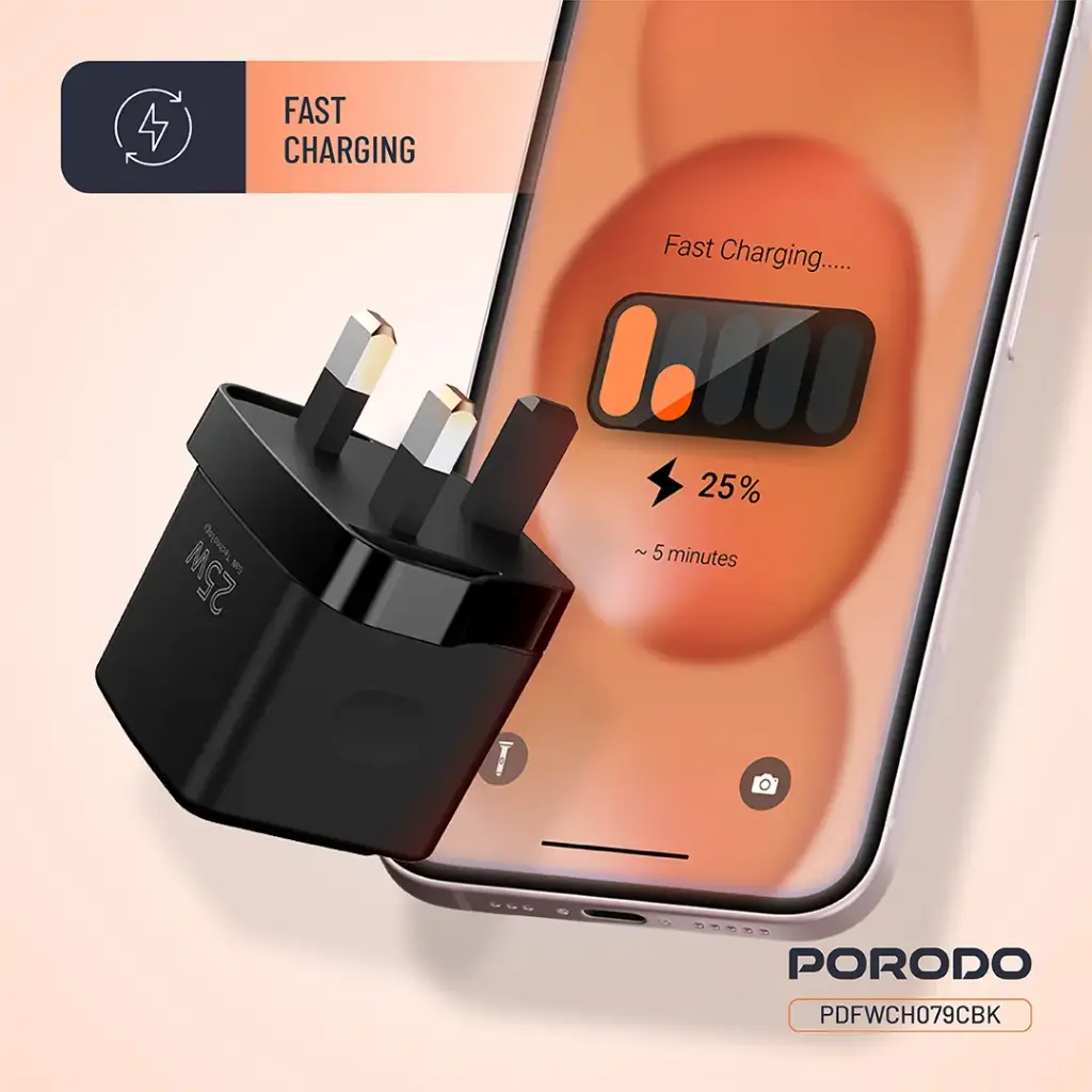 PORODO GAN 25W DUAL PORT WALL CHARGER WITH TYPE C TO LIGHTNING CABLE CABLE BLACK PDFCH076LBK thumbnail 4