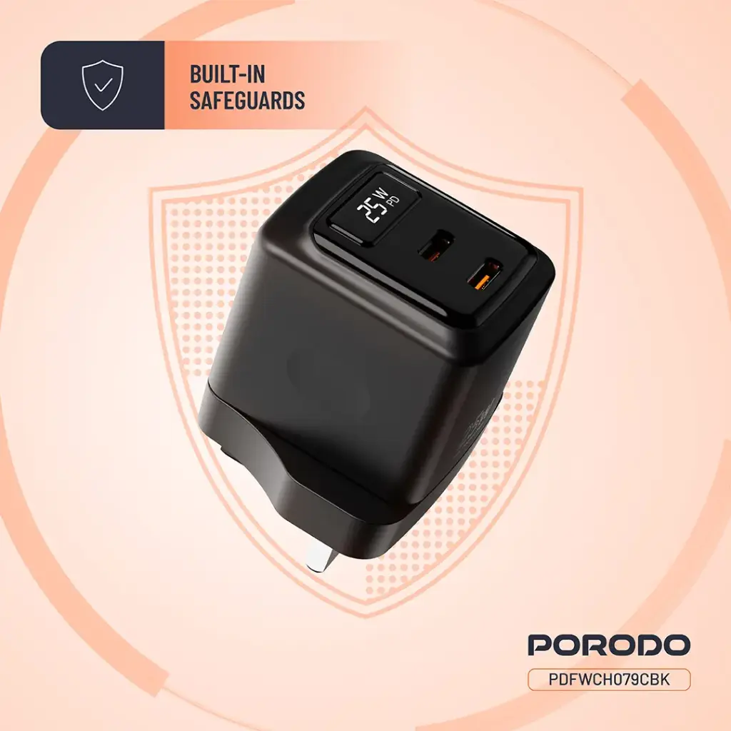 PORODO GAN 25W DUAL PORT WALL CHARGER WITH TYPE C TO LIGHTNING CABLE CABLE BLACK PDFCH076LBK thumbnail 5
