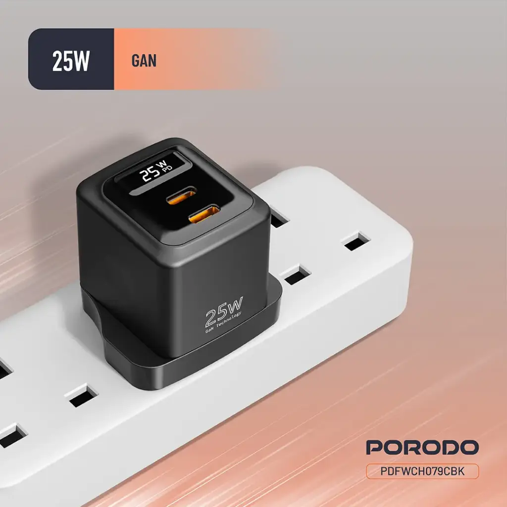 PORODO GAN 25W DUAL USB C WALL CHARGER WITH TYPE C TO LIGHTNING CABLE BLACK PDFWCH079LBK thumbnail 7