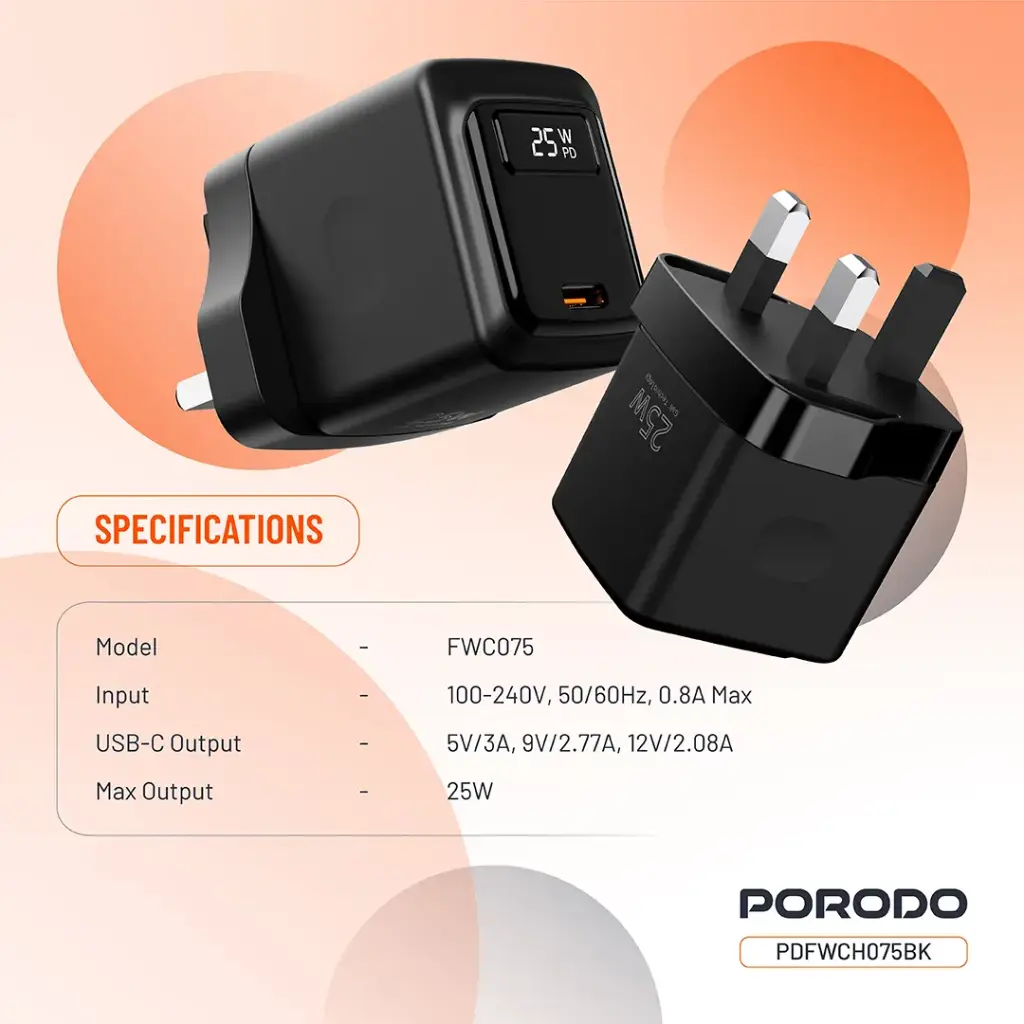 PORODO GAN 25W USB C WALL CHARGER BLACK PDFWCH075BK thumbnail 2