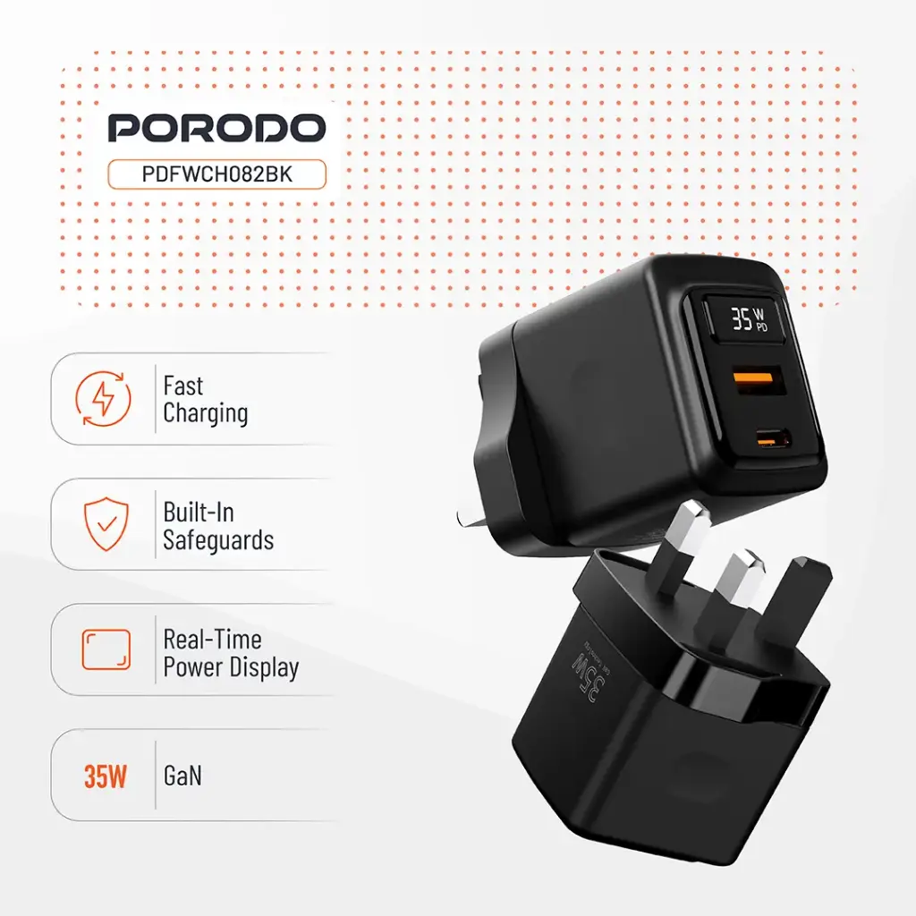 PORODO 35W DUAL PORT WALL CHARGER WITH POWER DISPLAY BLACK PDFWCH082BK thumbnail 3