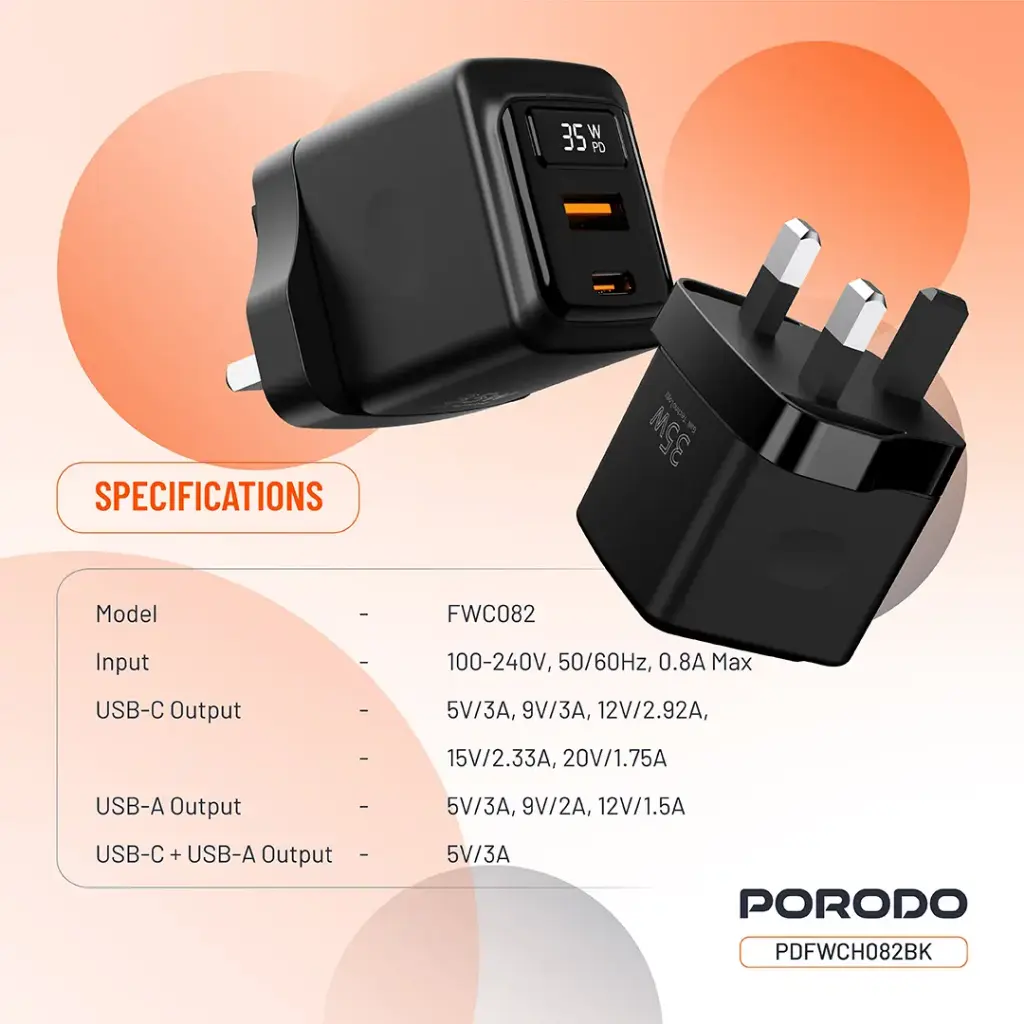 PORODO 35W DUAL PORT WALL CHARGER WITH POWER DISPLAY BLACK PDFWCH082BK thumbnail 2