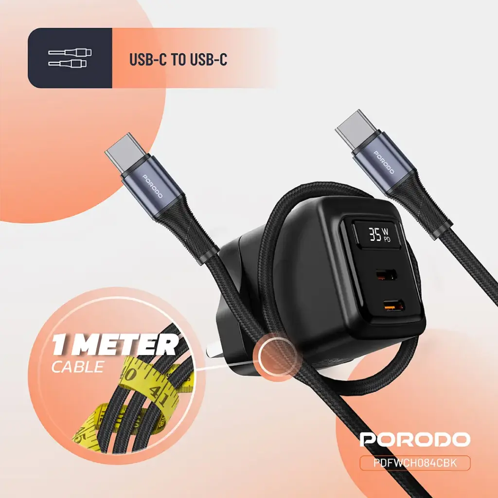 PORODO GAN 35W DUAL USB C WALL CHARGER WITH TYPE C TO TYPE C CABLE BLACK PDFWCH084CBK thumbnail 4