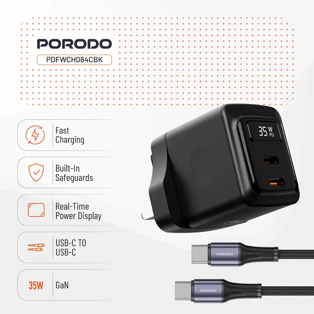 PORODO GAN 35W DUAL PORT WALL CHARGER WITH TYPE C TO TYPE C CABLE BLACK PDFWCH082CBK thumbnail 8
