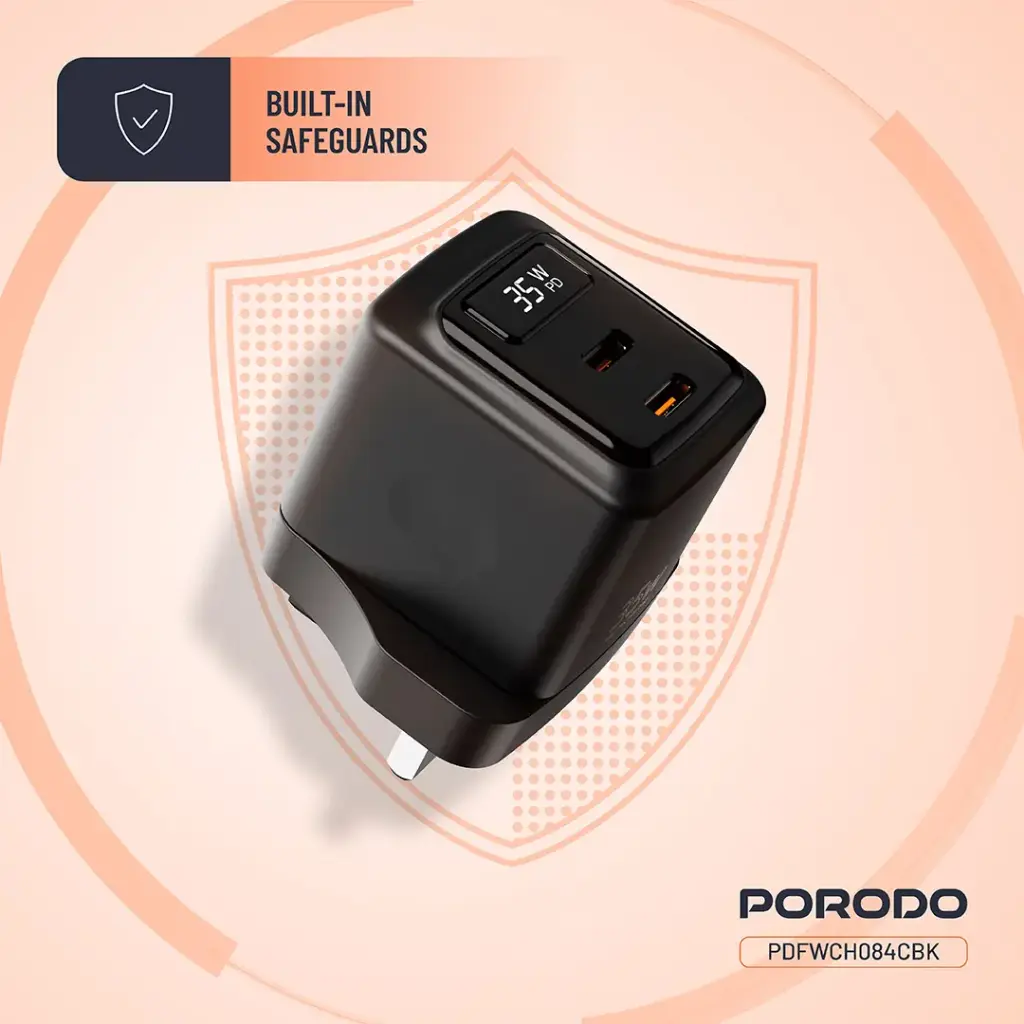 PORODO GAN 35W DUAL USB C WALL CHARGER WITH TYPE C TO TYPE C CABLE BLACK PDFWCH084CBK thumbnail 5