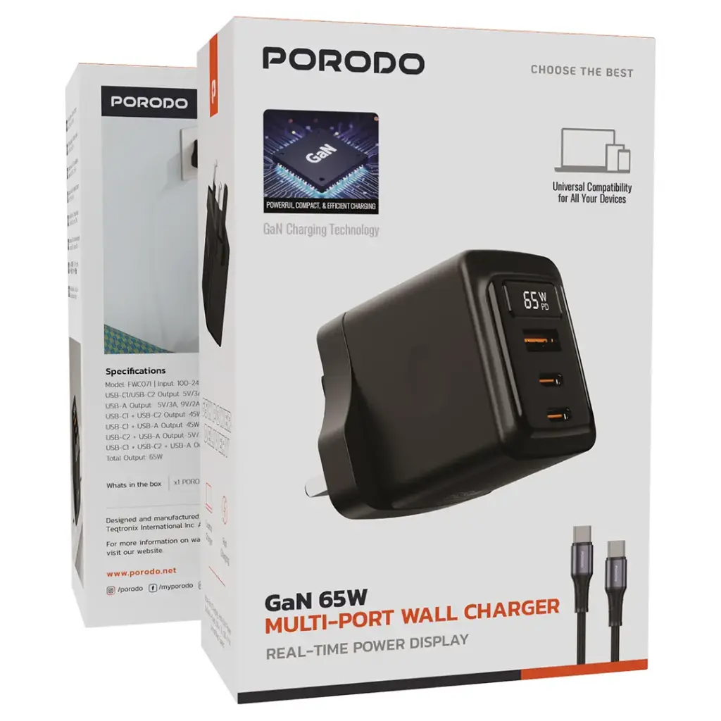 PORODO GAN 65W MULTI PORT WALL CHARGER WITH TYPE C TO TYPE C CABLE BLACK PDFWCH071CBK thumbnail 6