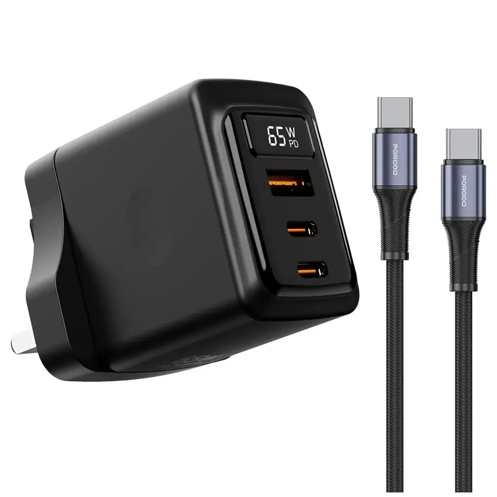 PORODO GAN 65W MULTI PORT WALL CHARGER WITH TYPE C TO TYPE C CABLE BLACK PDFWCH071CBK thumbnail 3