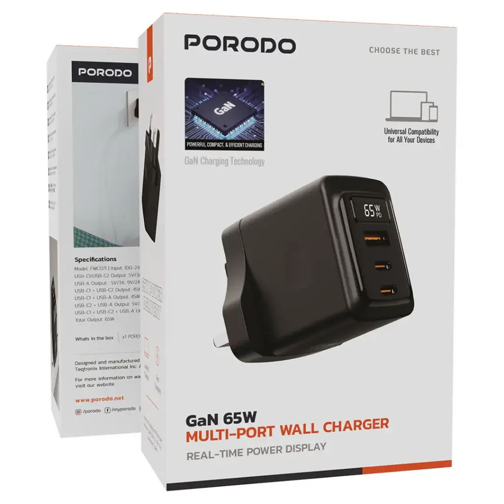 PORODO GAN 65W MULTIPORT WALL CHARGER BLACK PDFWCH071BK thumbnail 3