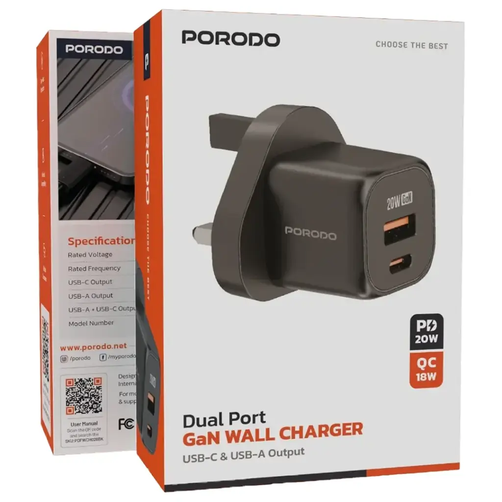 PORODO DUAL PORT WALL CHARGER BLACK PD-FWCH028-BK thumbnail 2