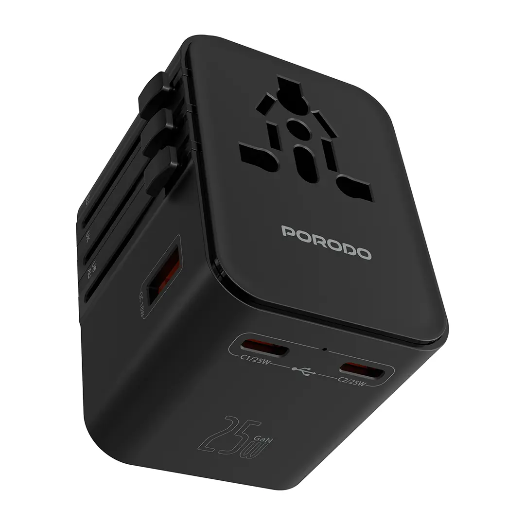 PORODO UNIVERSAL TRAVEL MULTIPORT PD25W QC18W GAN QUICK CHARGER BLACK PD-FWCH065-BK thumbnail 3