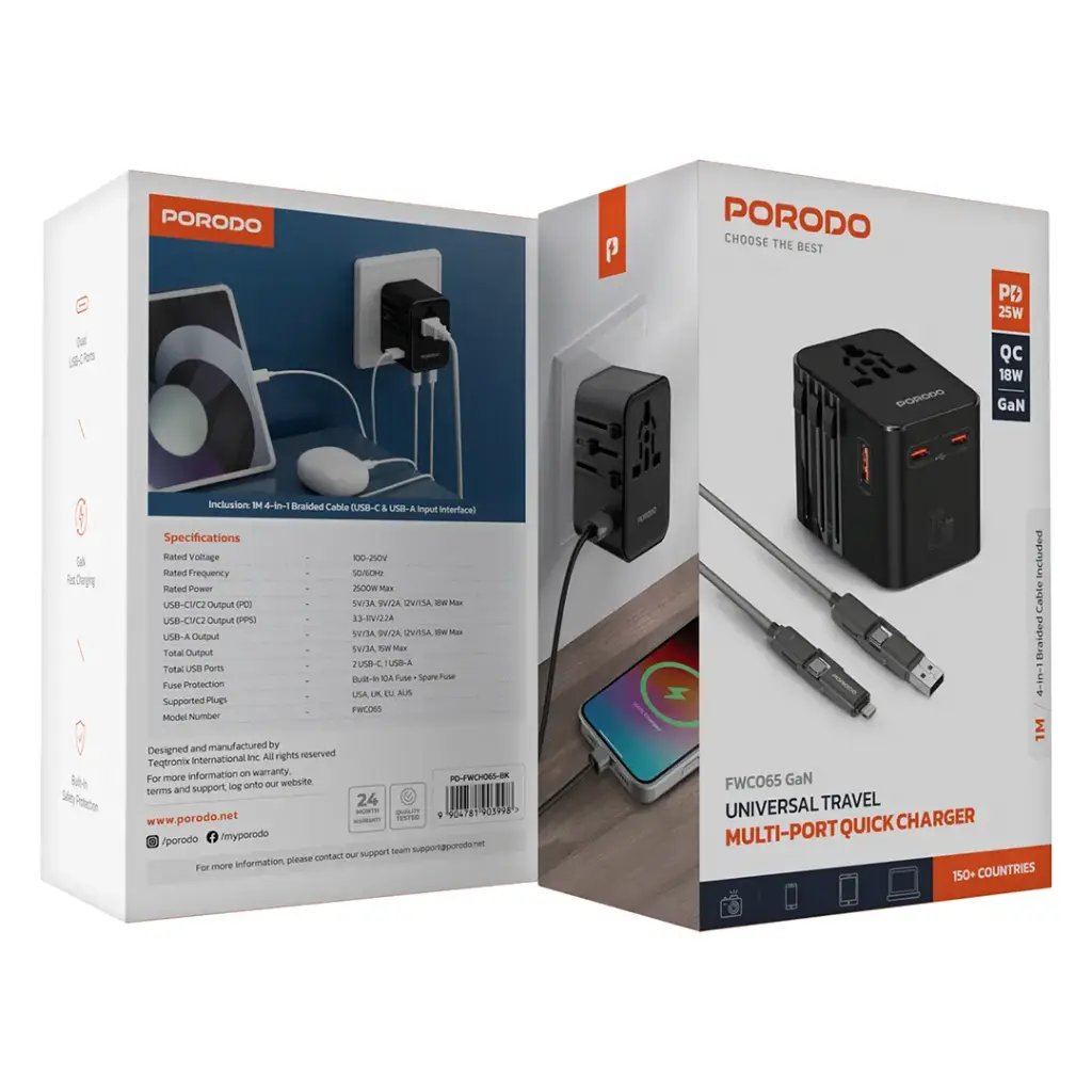 PORODO UNIVERSAL TRAVEL MULTIPORT PD25W QC18W GAN QUICK CHARGER BLACK PD-FWCH065-BK thumbnail 2
