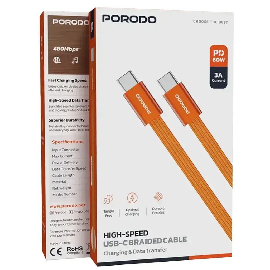 PORODO HIGH SPEED USB-C BRAIDED CABLE PD60WCBS0G thumbnail 5