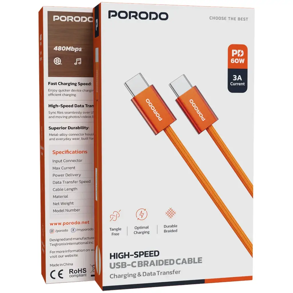 PORODO HIGH SPEED USB-C BRAIDED CABLE PD60WCBR0G thumbnail 3