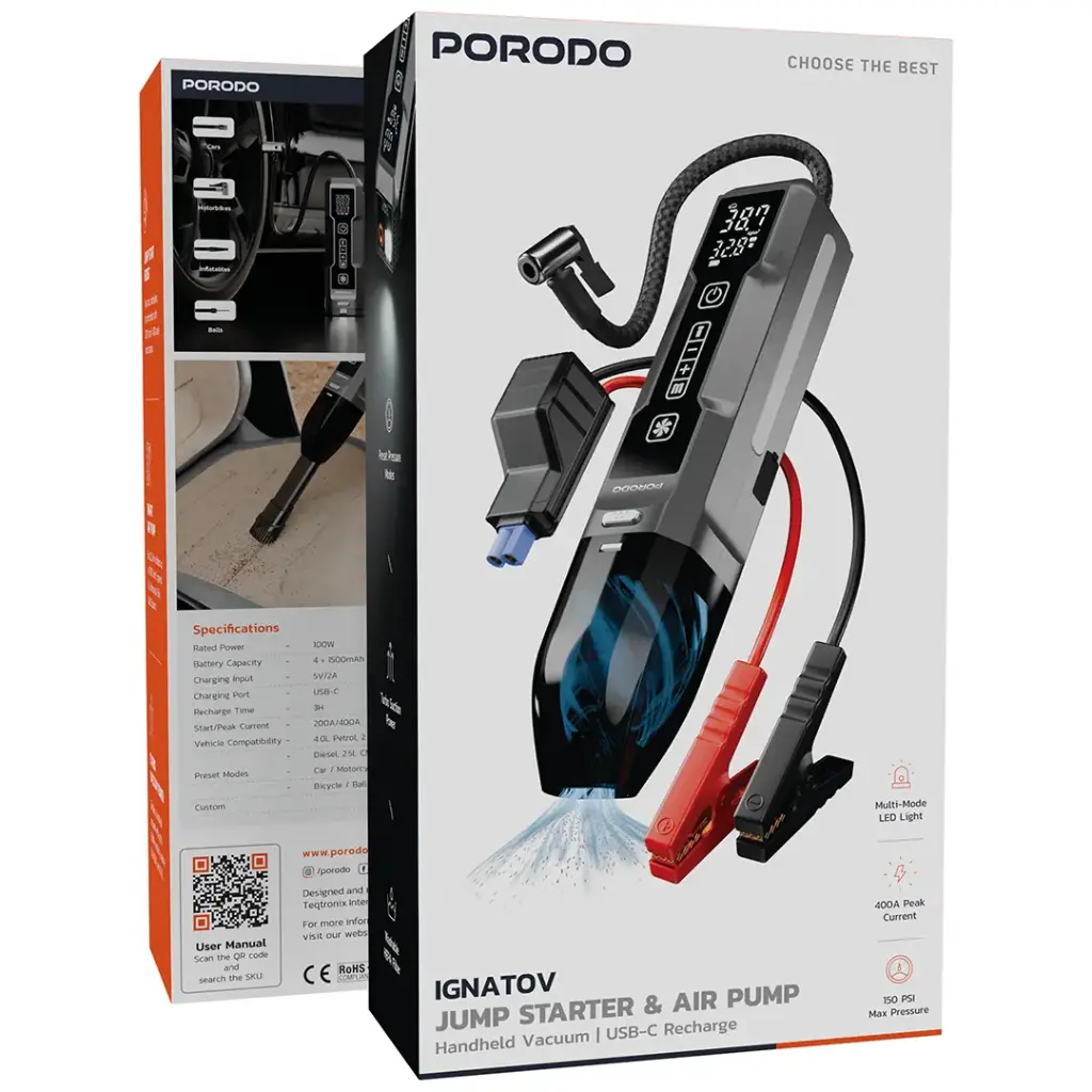 PORODO IGNATOV JUMP STARTER  AIR PUMP WITH HANDHELD VACCUM USB C RECHARGE BLACK PDJS41BK thumbnail 4