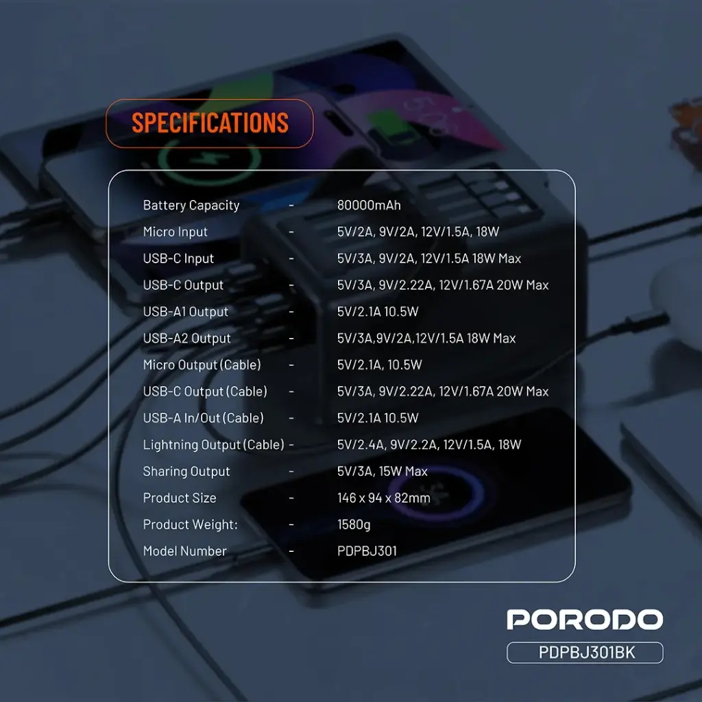 PORODO LARA 80000MAH POWER BANK PD20W BLACK PDPBJ301BK thumbnail 2