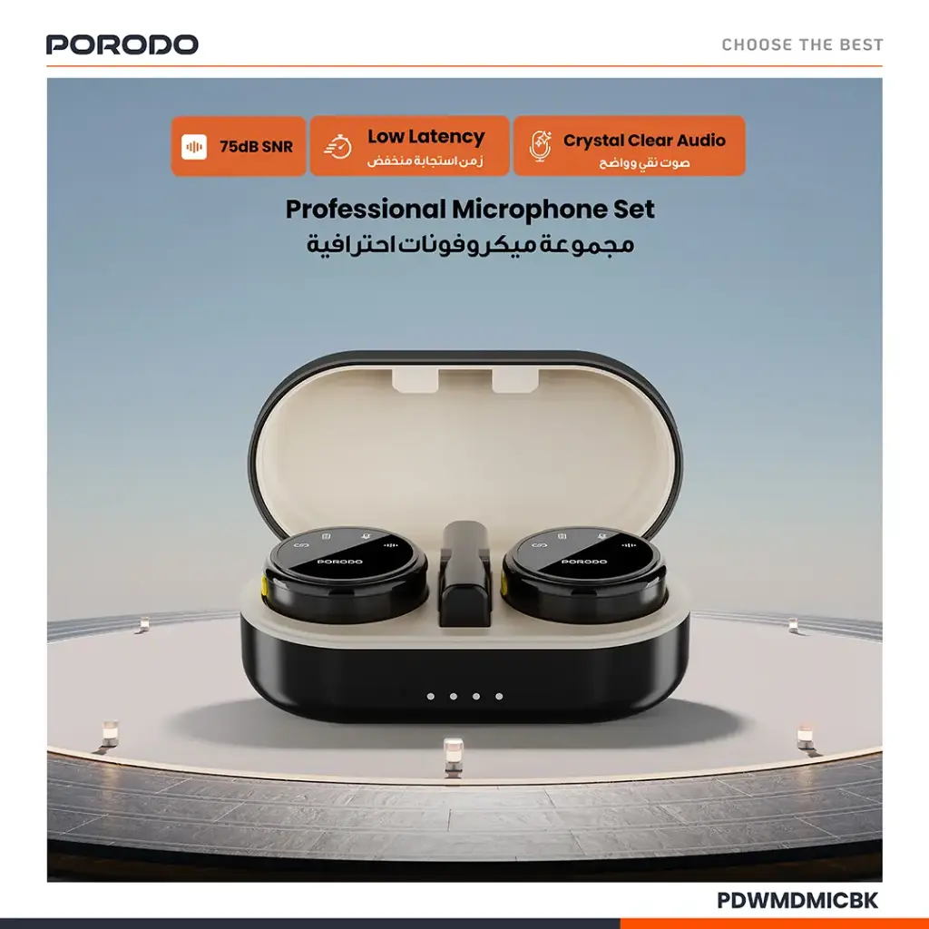 PORODO PROFESSIONAL LAVALIER MICROPHONE SET WITH MAGNETIC CLIPS AND CHARGING CASE BLACK PDWMDMICBK thumbnail 5