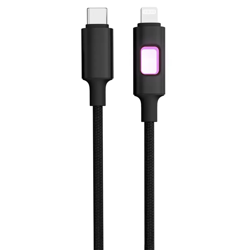 PORODO LED BRAIDED PD 27W USB C TO LIGHTNING CABLE CHARGING & DATA TRANSFER BLACK PDCBLXGH03BK thumbnail 2