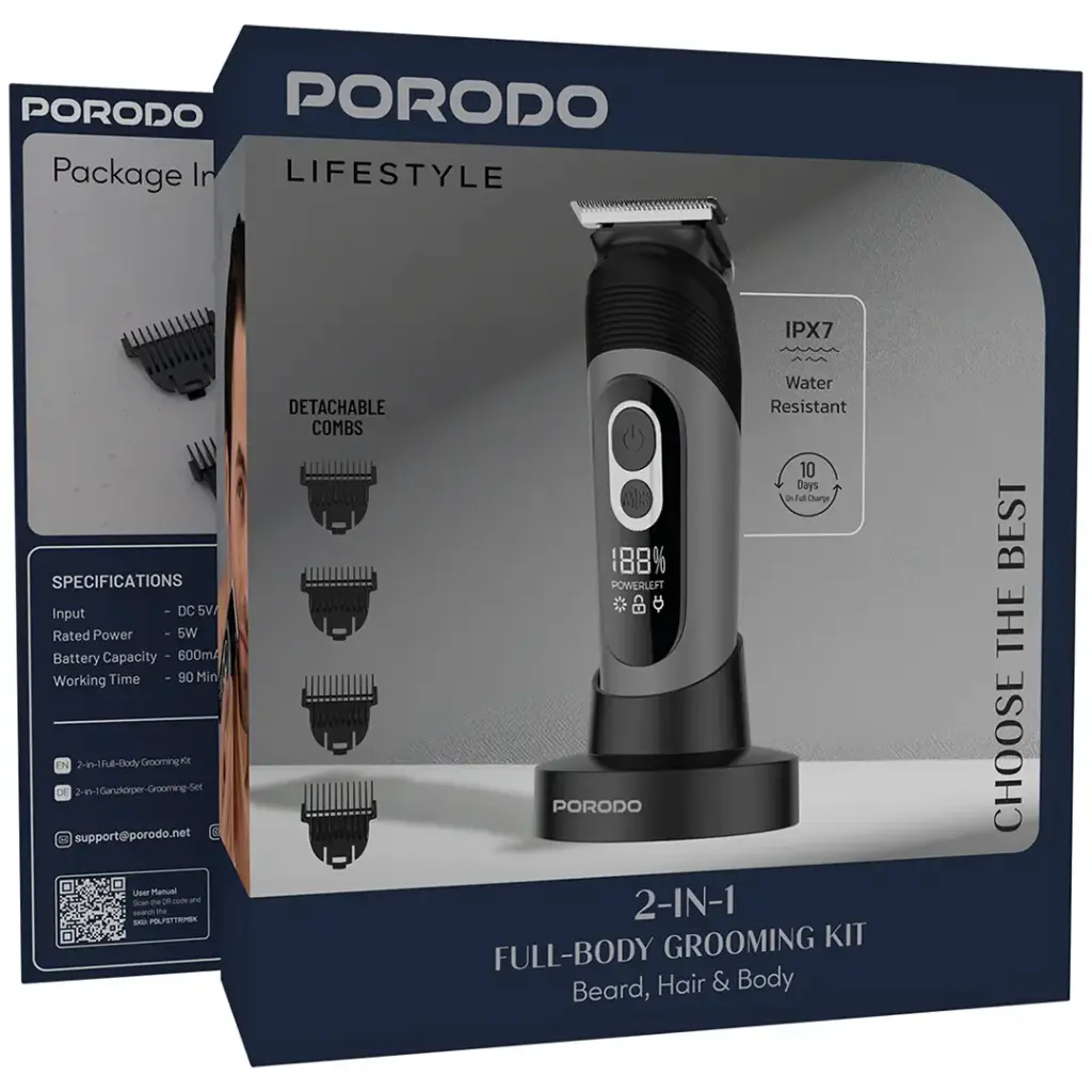 PORODO LIFESTYLE 2 IN 1 FULL BODY GROOMING KIT IPX7 BLACK PDLFSTTRIMBK thumbnail 6