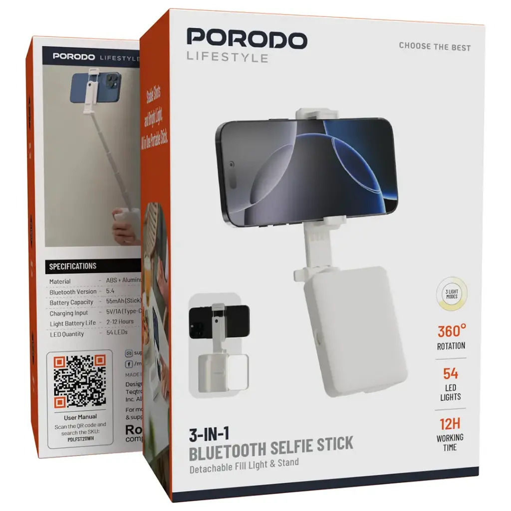 PORODO LIFESTYLE 3 IN 1 BLUETOOTH SELFIE STICK WHITE PDLFST211WH thumbnail 5