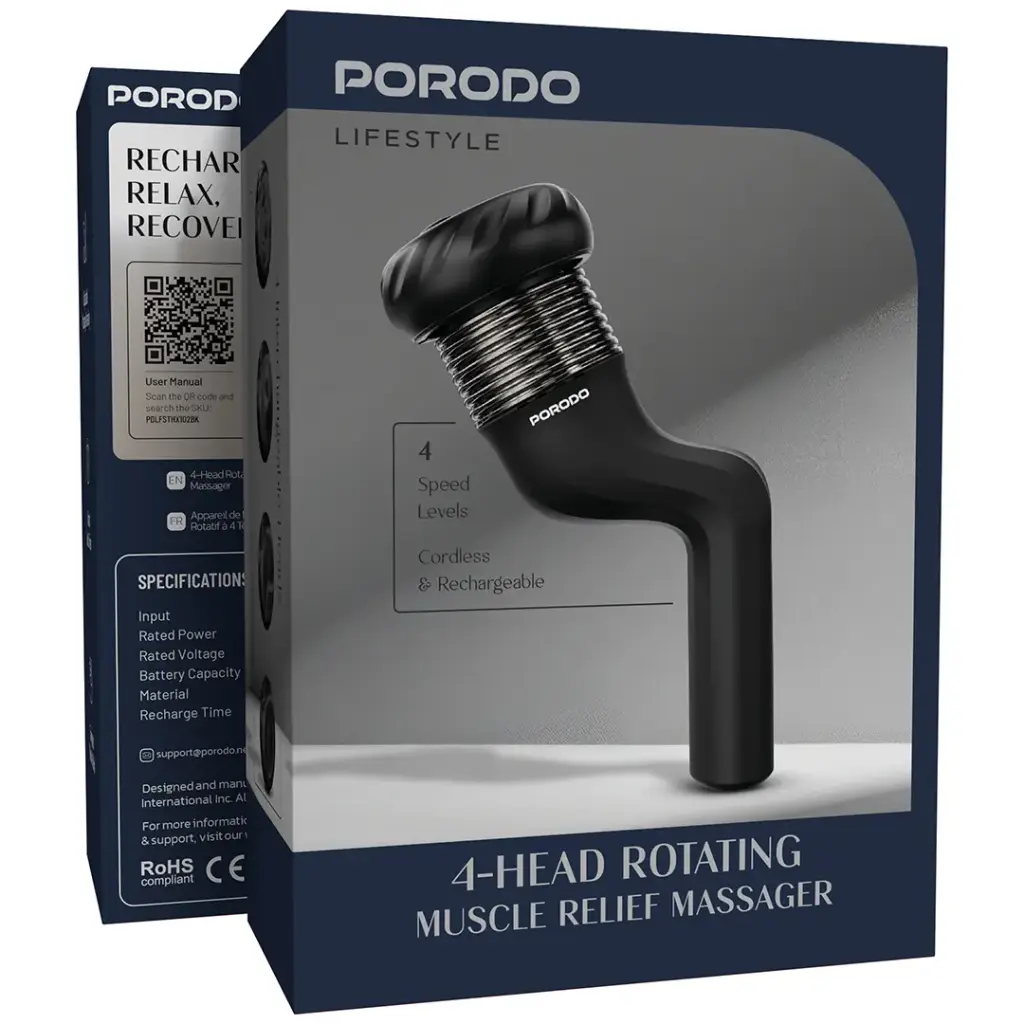 PORODO LIFESTYLE 4 HEAD ROTATING MUSCLE RELIEF MASSAGER BLACK PDLFSTHX102BK thumbnail 4