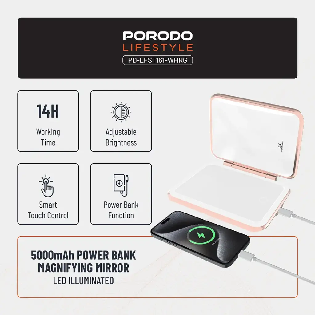 PORODO LIFESTYLE 5000MAH POWERBANK MAGNIFYING MIRROR PD-LFST161-WHRG thumbnail 3