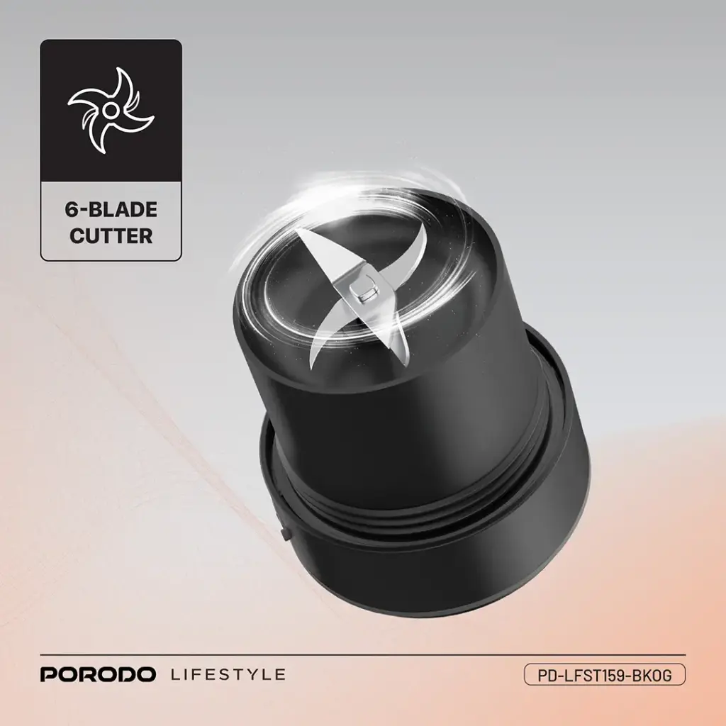 PORODO LIFESTYLE 6 BLADE PORTABLE BLENDER INSULATED MUG BLACK ORANGE PD-LFST159-BKOG thumbnail 5