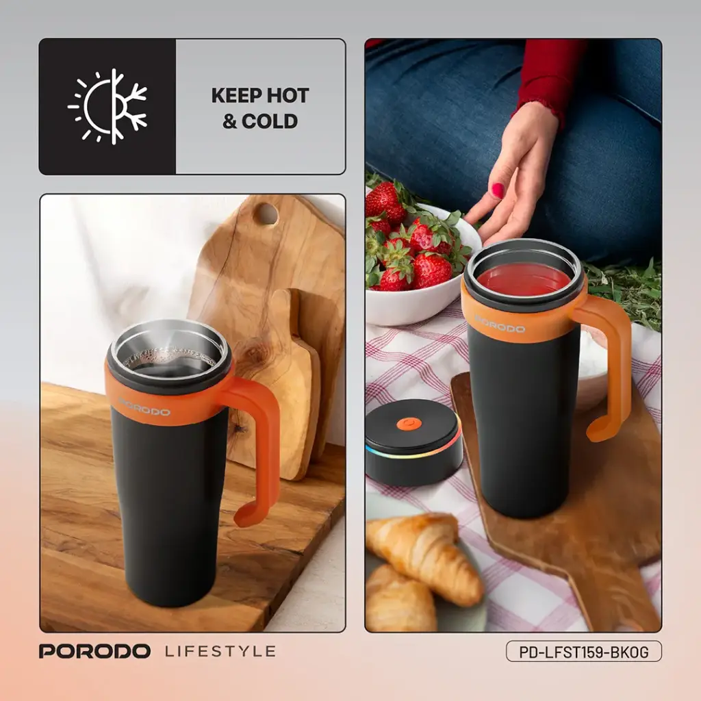 PORODO LIFESTYLE 6 BLADE PORTABLE BLENDER INSULATED MUG BLACK ORANGE PD-LFST159-BKOG thumbnail 4