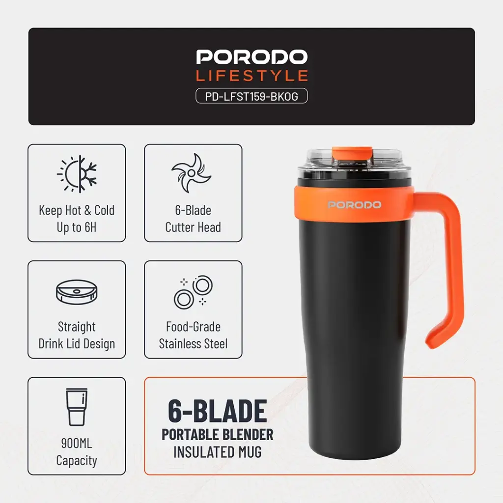 PORODO LIFESTYLE 6 BLADE PORTABLE BLENDER INSULATED MUG BLACK ORANGE PD-LFST159-BKOG thumbnail 3