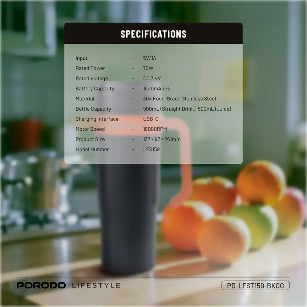 PORODO LIFESTYLE 6 BLADE PORTABLE BLENDER INSULATED MUG BLACK ORANGE PD-LFST159-BKOG thumbnail 2