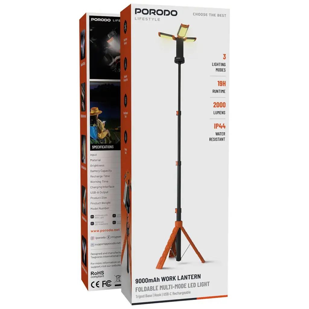 PORODO LIFESTYLE 9000MAH WORK LANTERN FOLDABLE MULTI MODE LED LIGHT ORANGE PDLFSTXQZ10OR thumbnail 3