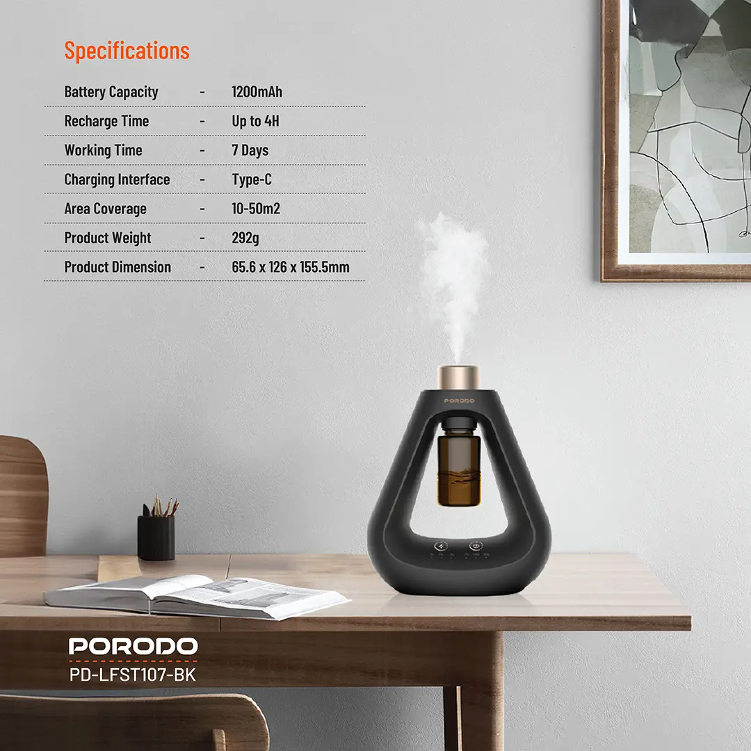 PORODO LIFESTYLE AROMA SPHERE WATERLESS DIFFUSER BLACK PD-LFST107-BK thumbnail 2