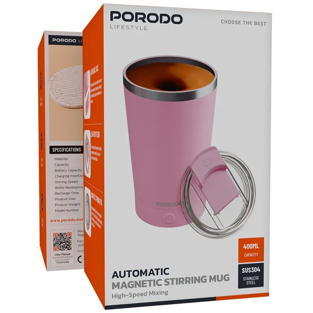 PORODO LIFESTYLE AUTOMATIC MAGNETIC STIRRING MUG HIGH SPEED MIXING PINK PDSSMHQ168PK thumbnail 2