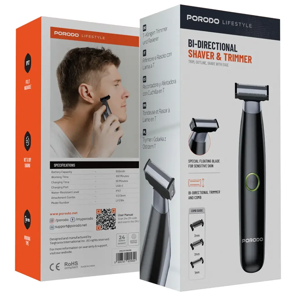 PORODO LIFESTYLE BI DIRECTIONAL SHAVER AND TRIMMER BLACK PDLFST184BK thumbnail 2