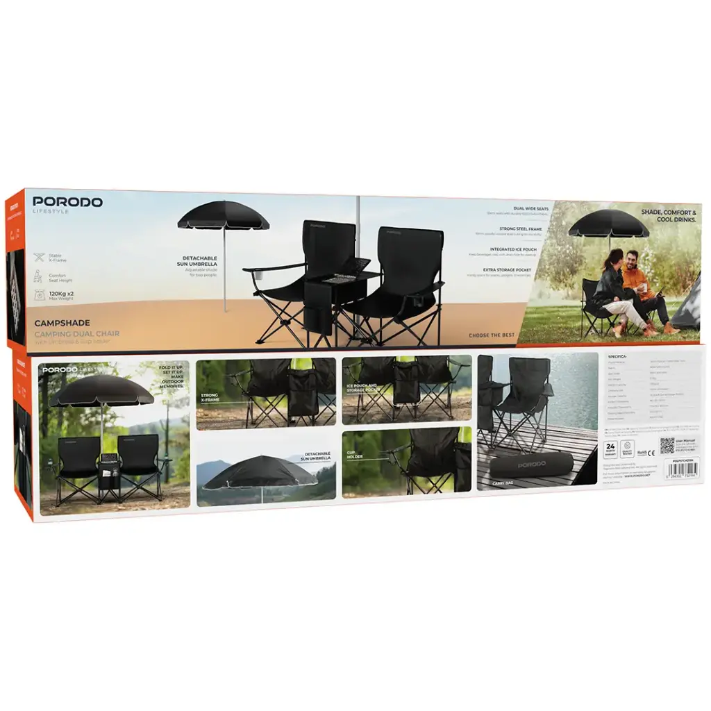 PORODO LIFESTYLE CAMPSHADE CAMPING DUAL CHAIR BLACK PDLFSTCH21BK thumbnail 4