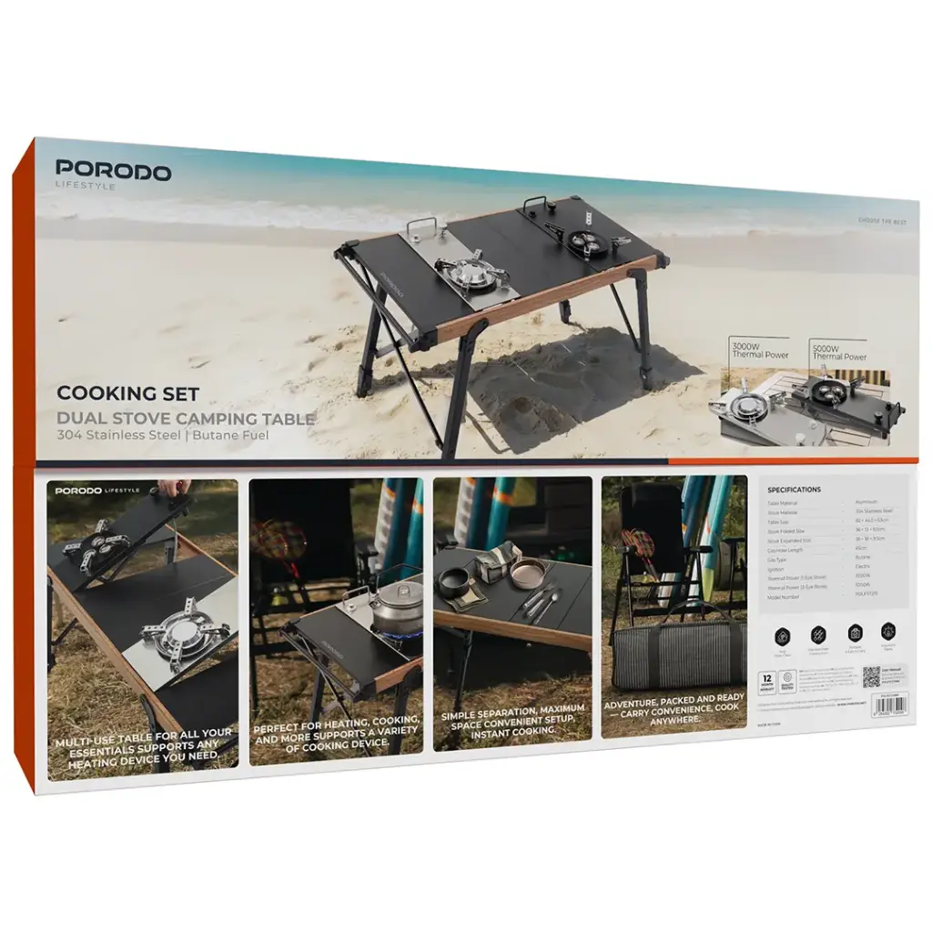 PORODO LIFESTYLE COOKING SET DUAL STOVE CAMPING TABLE 304 STAINLESS STEEL BLACK PDLFST219BK thumbnail 7