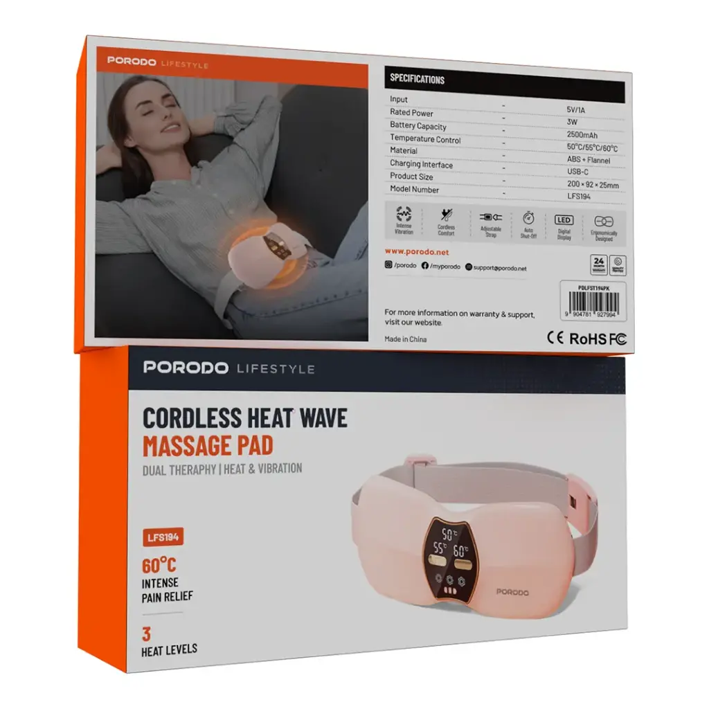 PORODO LIFESTYLE CORDLESS HEAT WAVE MASSAGE PAD PINK PDLFST194PK thumbnail 2