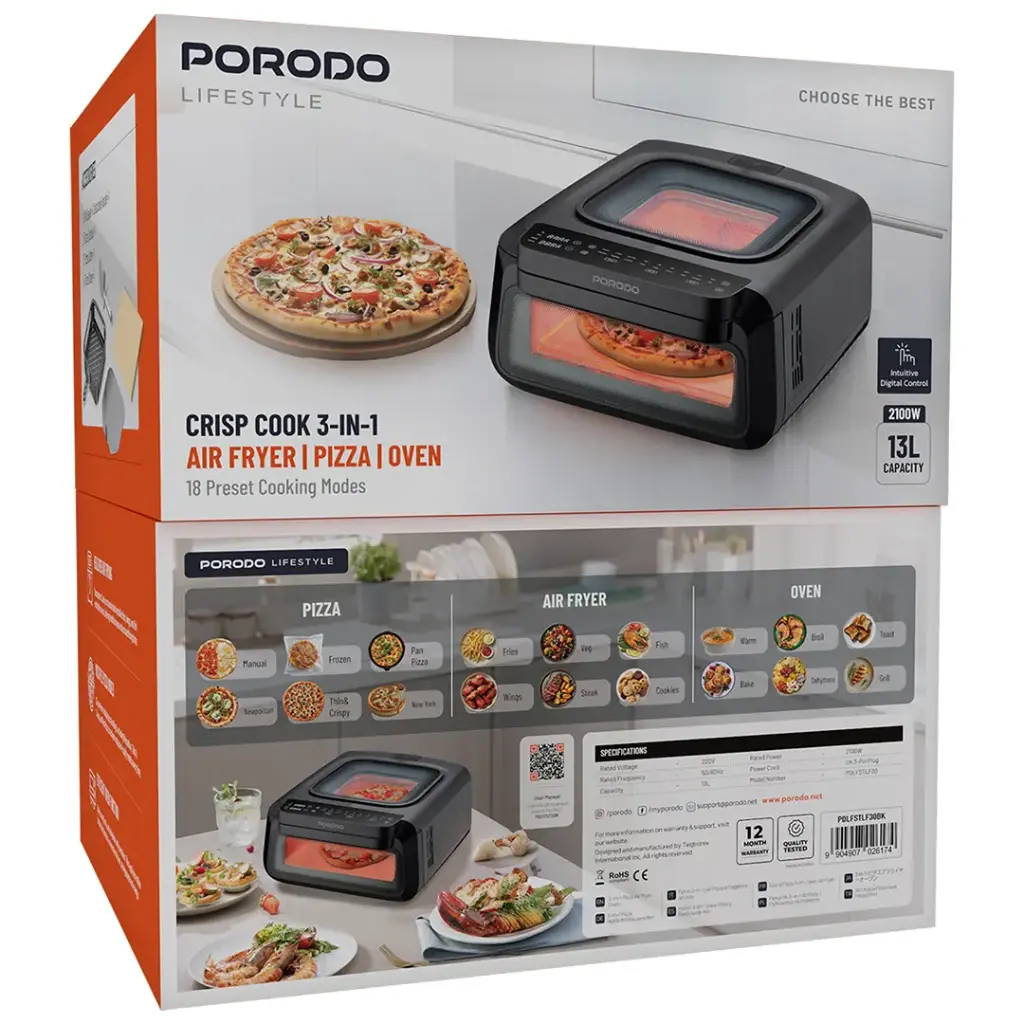 PORODO LIFESTYLE CRISPY COOK 3 IN 1 AIR FRY PIZZA OVEN BLACK PDLFSTLF30BK thumbnail 4