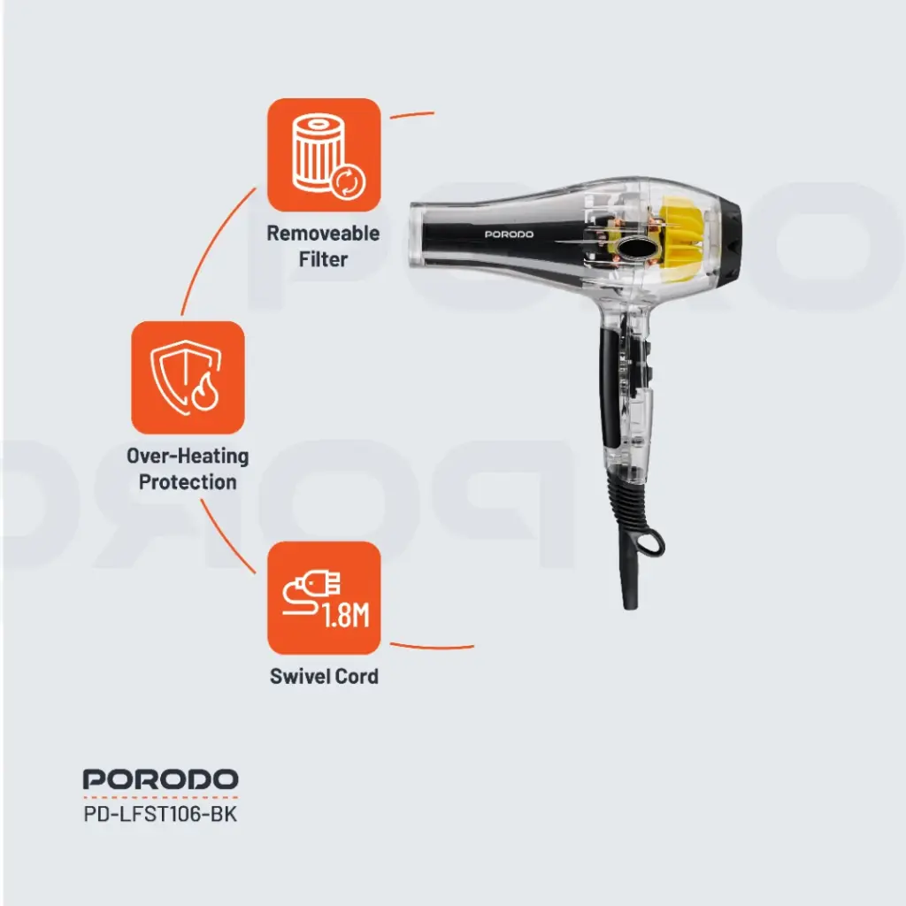 PORODO LIFESTYLE CRYSTAL SHELL HAIR DRYER BLACK PD-LFST106-BK thumbnail 4
