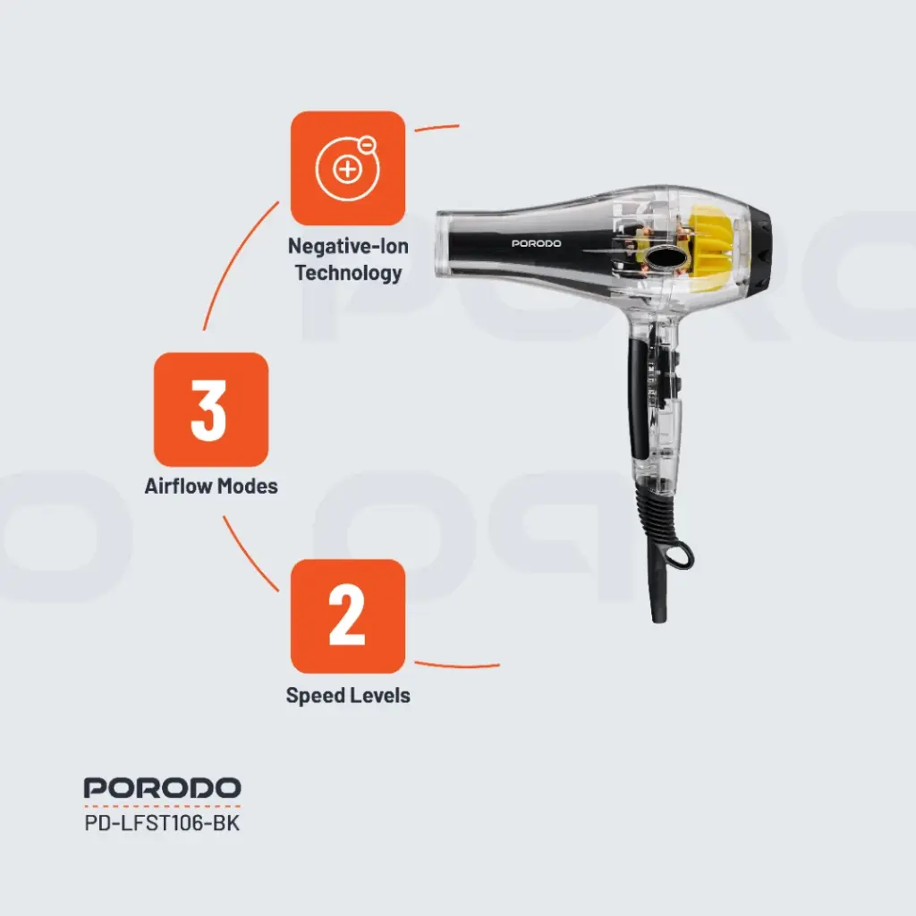 PORODO LIFESTYLE CRYSTAL SHELL HAIR DRYER BLACK PD-LFST106-BK thumbnail 3