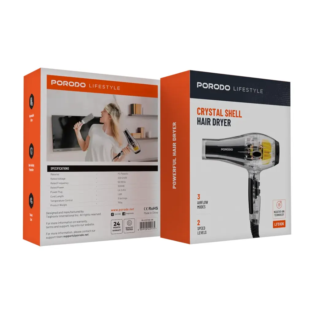 PORODO LIFESTYLE CRYSTAL SHELL HAIR DRYER BLACK PD-LFST106-BK thumbnail 2