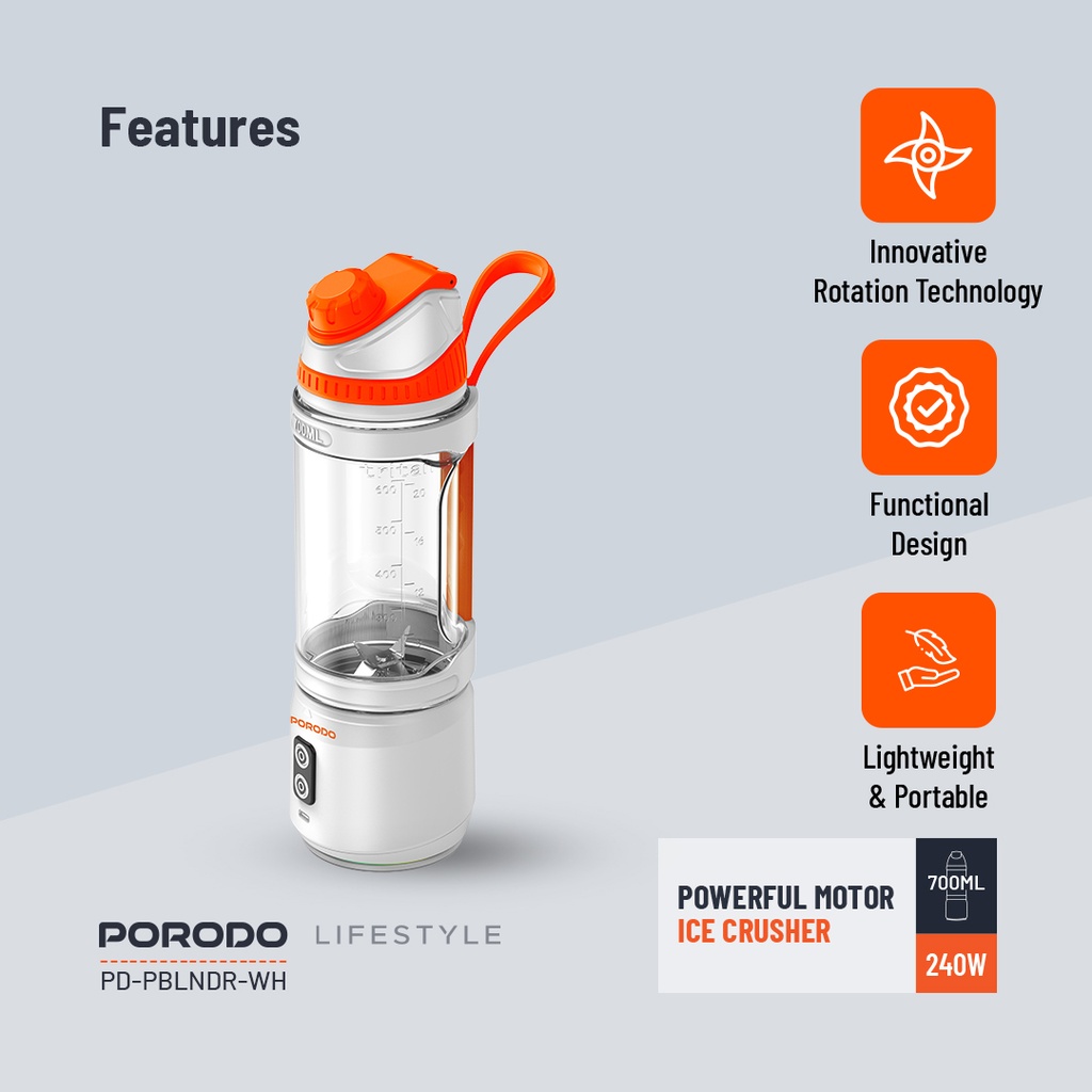 PORODO LIFESTYLE DUAL SPIN CLOCK WISE REVERSE PORTABLE BLENDER WHITE PD-PBLNDR-WH thumbnail 3