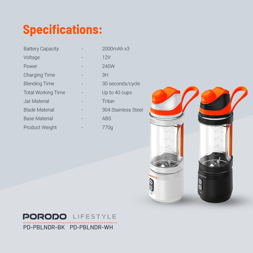 PORODO LIFESTYLE DUAL SPIN CLOCK WISE REVERSE PORTABLE BLENDER WHITE PD-PBLNDR-WH thumbnail 2
