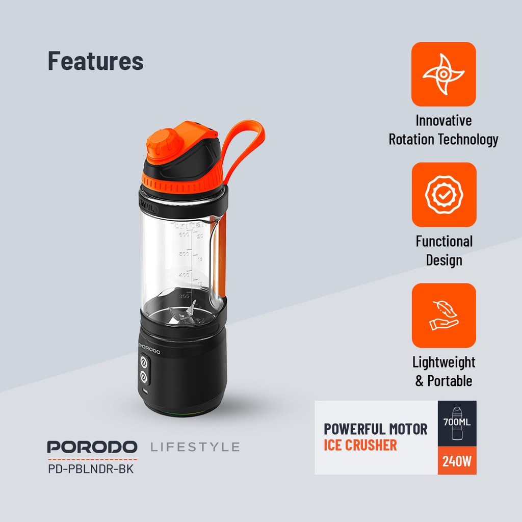 PORODO LIFESTYLE DUAL SPIN CLOCK WISE & REVERSE PORTABLE BLENDER BLACK PD-PBLNDR-BK thumbnail 4