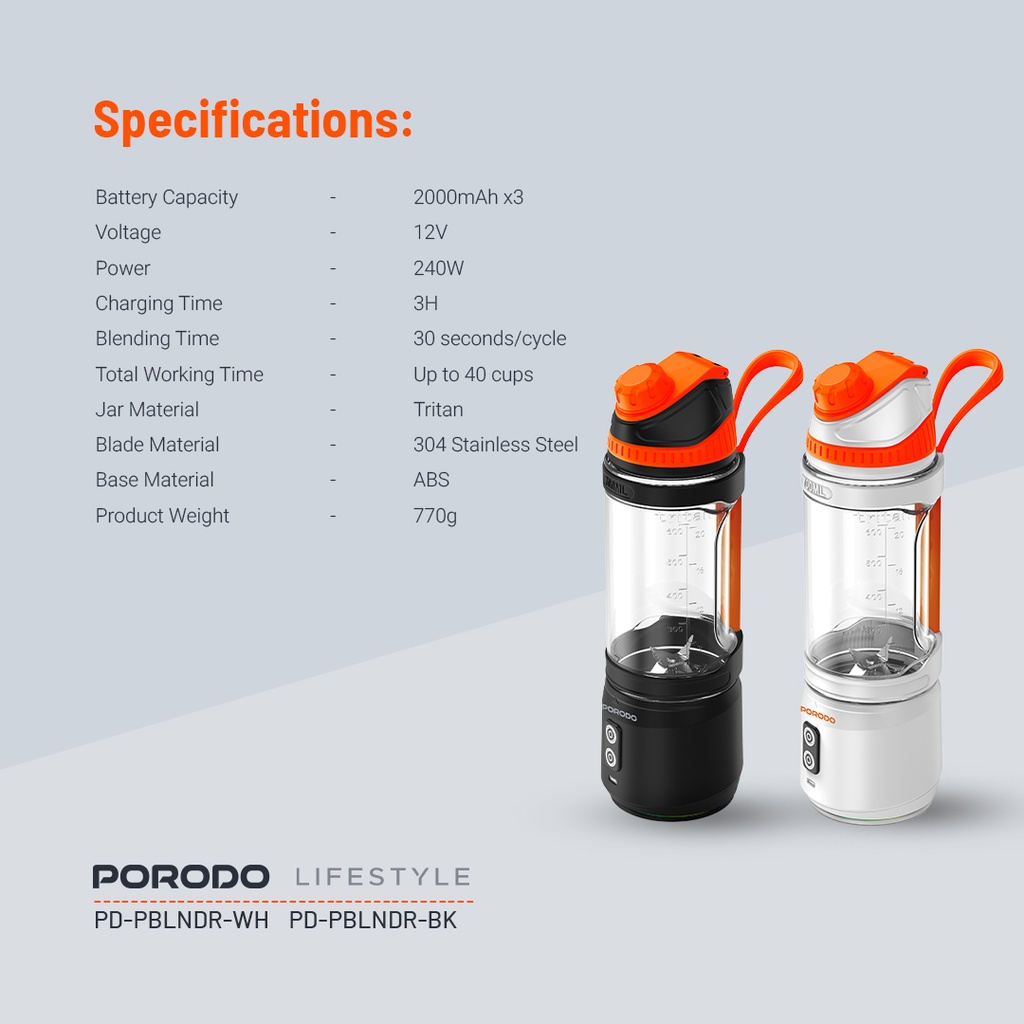 PORODO LIFESTYLE DUAL SPIN CLOCK WISE & REVERSE PORTABLE BLENDER BLACK PD-PBLNDR-BK thumbnail 3