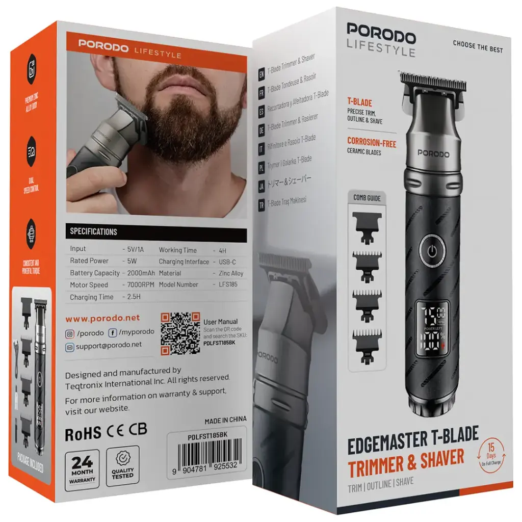 PORODO LIFESTYLE EDGEMASTER T-BLADE TRIMMER AND SHAVER BLACK PDLFST185BK thumbnail 3