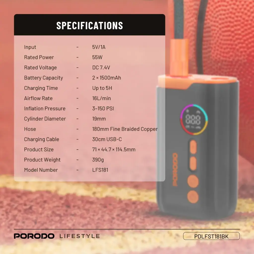 PORODO LIFESTYLE ELECTRIC AIR INFLATOR BLACK PDLFST181BK thumbnail 2