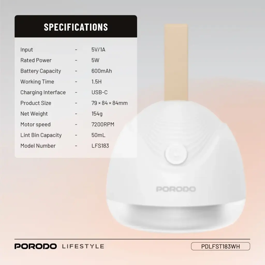 PORODO LIFESTYLE FABRIC SHAVER LINT AND BOBBLES REMOVER WHITE PDLFST183WH thumbnail 6
