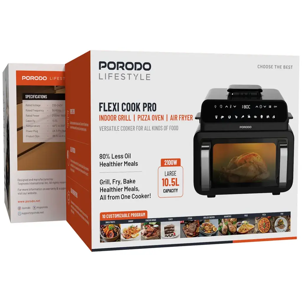 PORODO LIFESTYLES FLEXI COOK PRO INDOOR GRILL 2100W LARGE 10-15L CAPACITY BLACK PDAF1015BK thumbnail 3
