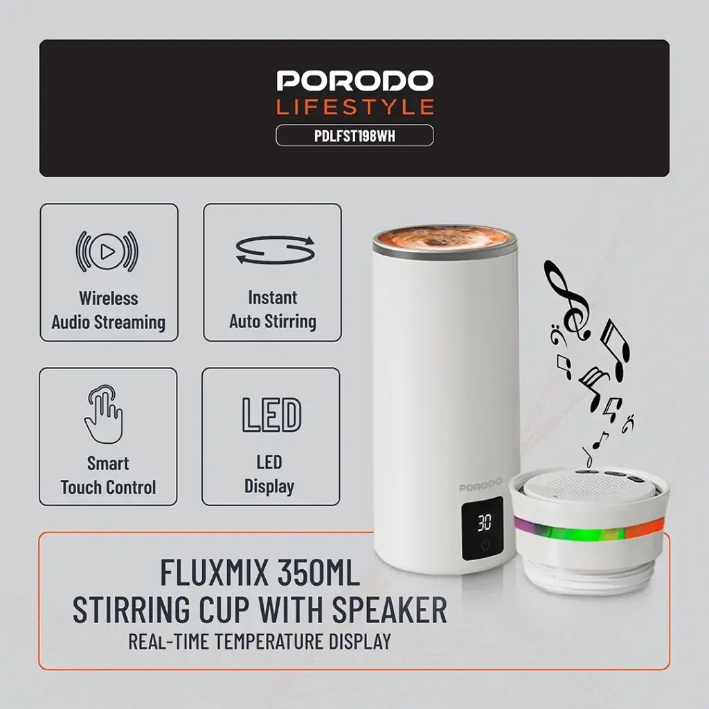 PORODO LIFESTYLE FLUXMIX 350ML STIRRING CUP WITH SPEAKER WHITE PDLFST198WH thumbnail 3