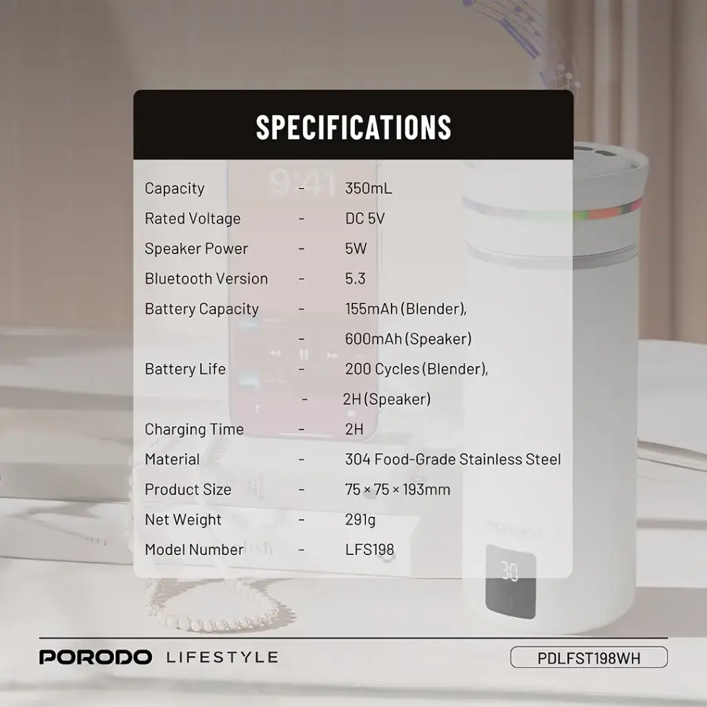 PORODO LIFESTYLE FLUXMIX 350ML STIRRING CUP WITH SPEAKER WHITE PDLFST198WH thumbnail 2